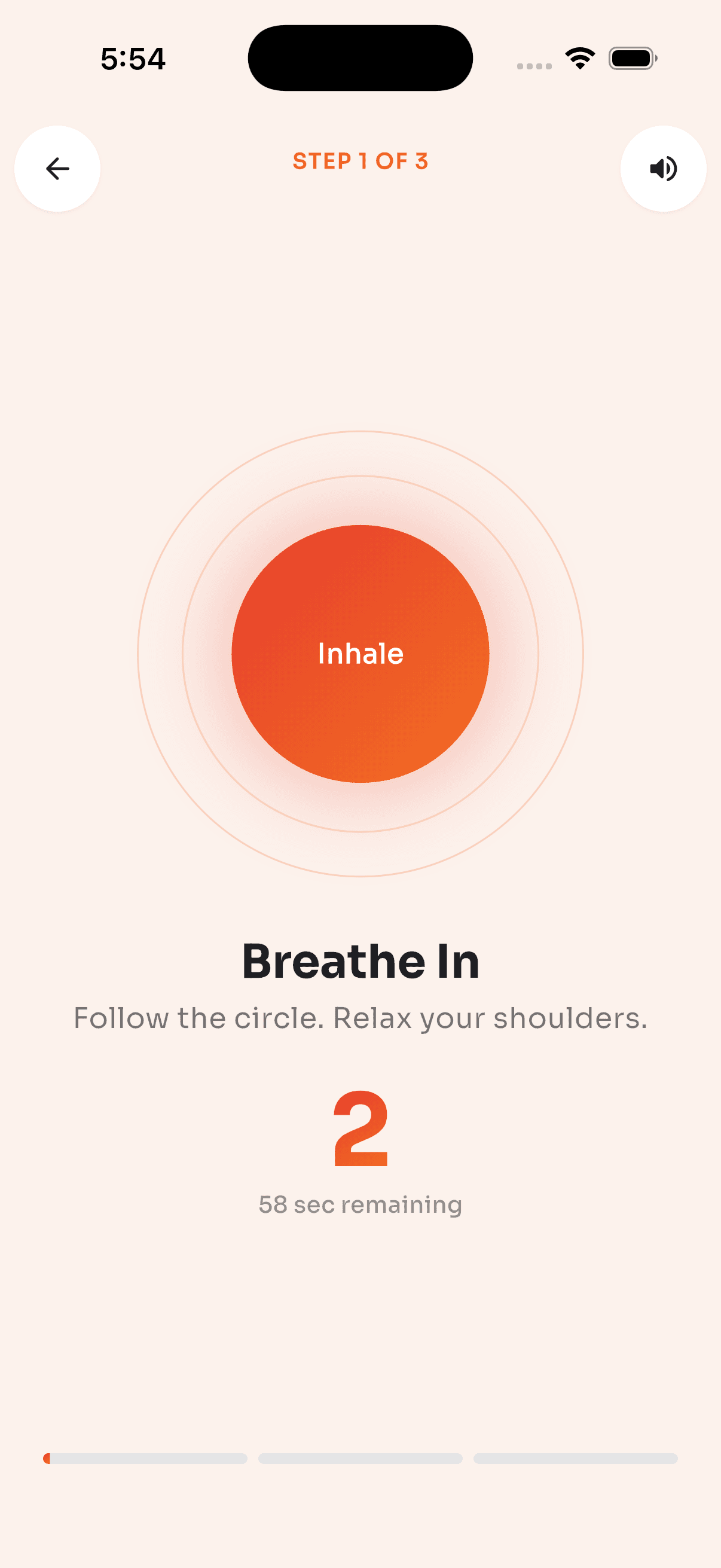 Reset step one: a breathing exercise with a slowly expanding circle that reads “Inhale”.